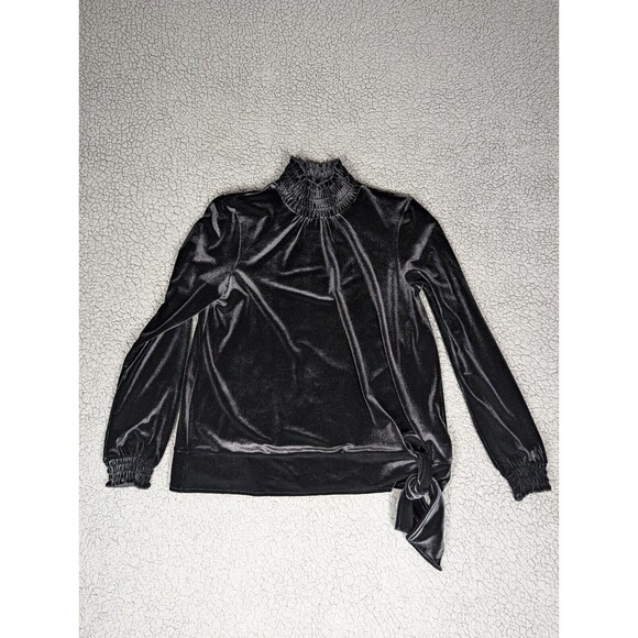 J JILL Crushed Velvet Elastic Collar And Cuffs Shirt XS Chic Black Front Tie - Picture 4 of 11
